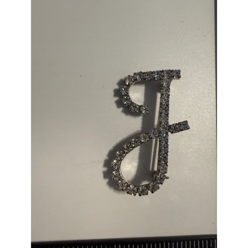 Vintage Silver Tone Rhinestone Script Letter F Initial Brooch Pin Cursive